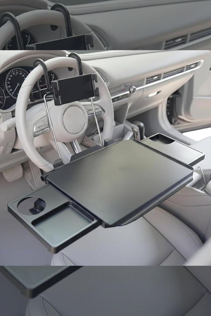 Your car just became your office and your dining room. The 2-in-1 Steering Wheel Tray hooks on in seconds and gives you a stable surface for eating, working, and managing your phone on the go. Height adjustable, folds flat for storage, and works in any car, SUV, or truck.