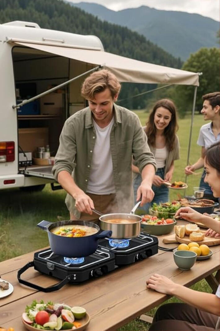 Foldable 2-Burner Camping Stove for Outdoor & Backyard Cooking Have you ever gone camping or tailgating and realized one small burner just isn’t enough to cook a real meal? This foldable 2-burner propane camping stove lets you cook multiple dishes at once, just like at home. With independently adjustable burners, a co