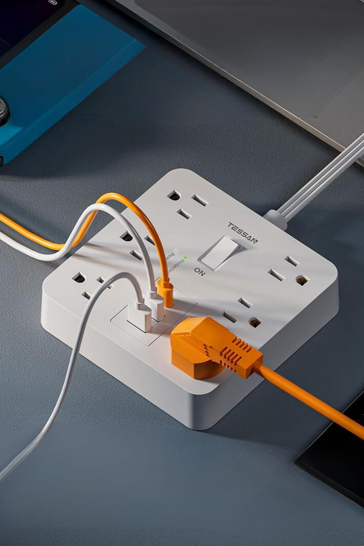 A power strip that actually lets you use every outlet. The TESSAN Flat Plug Power Strip has 6 AC outlets spaced so nothing blocks anything else, plus 3 USB ports, including USB-C. The ultra-thin flat wall plug sits flush against the wall so furniture pushes all the way back, no bent cords, no awkward gaps. 170