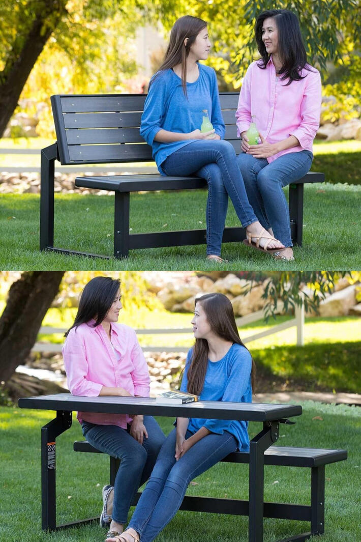Convertible Outdoor Bench The Lifetime Convertible Outdoor Bench flips from a comfortable bench to a full table with one simple motion no tools, no help needed. Weather-resistant, water-draining, and zero maintenance required. Grab two and create a full picnic table setup instantly